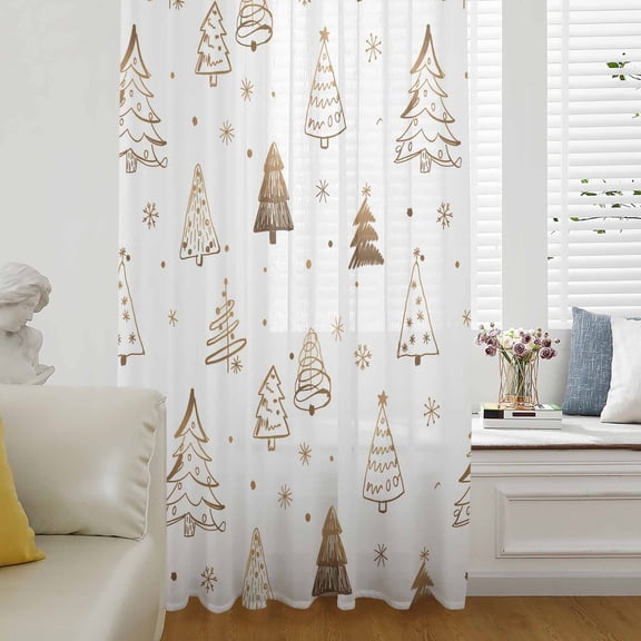 Christmas Tree Semi Sheer Curtains Drapes for Living Room, Bedroom, French Doors Window 72 Inches Long, Winter Snowflakes Xmas Pine Plant Rod Pocket Chiffon Curtain Drapery Voile Draperies Panel