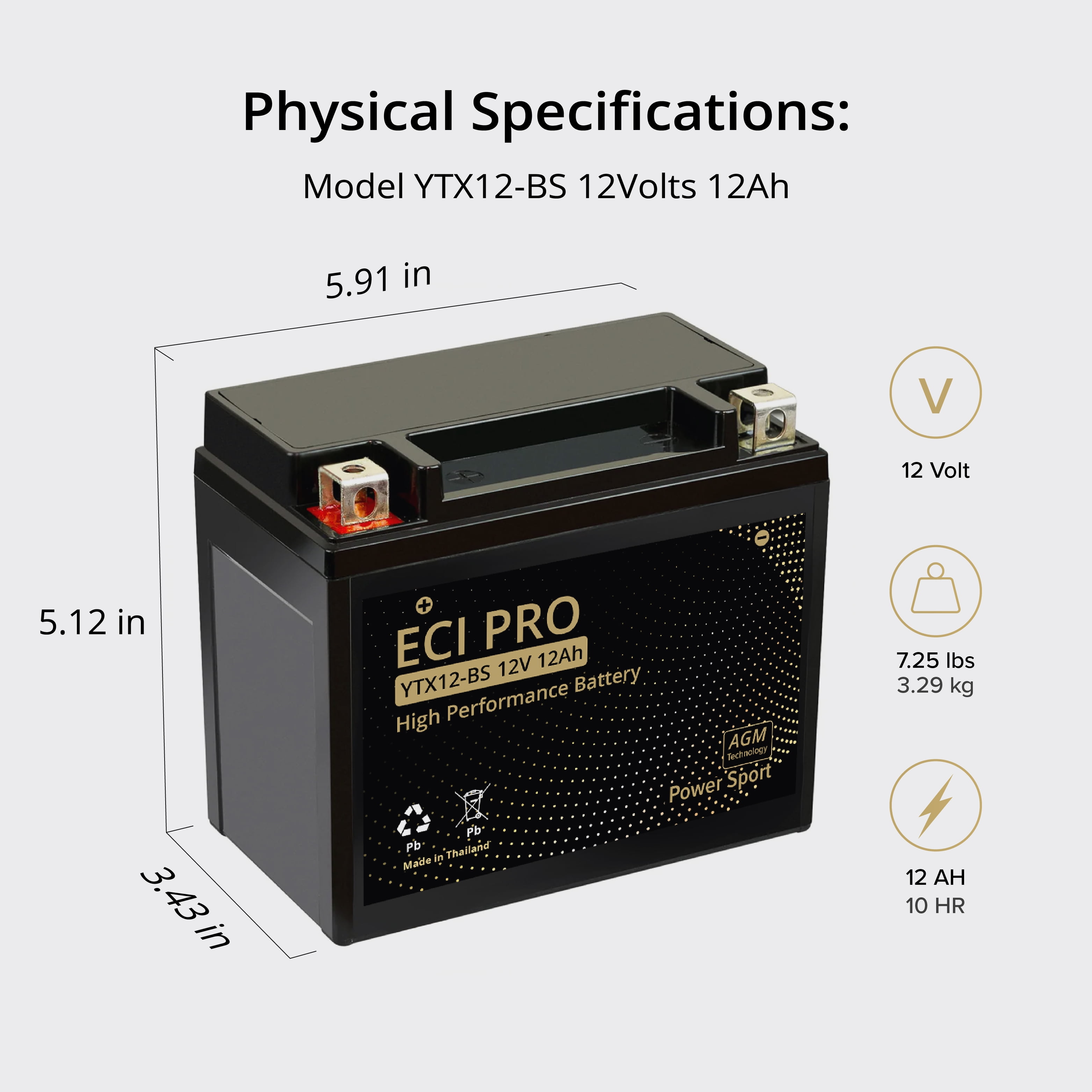 ECI Pro YTX12-BS AGM Battery - 12V 12Ah, 210CCA - Fits Select Motorcycles, Honda, Yamaha, Kawasaki, Suzuki & ATVs - Maintenance-Free, Leak-Proof, High CCA, High-Performance Powersports Battery
