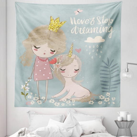 Saying Tapestry, Composition Little Cartoon Girl Unicorn Never Stop Dreaming Words, Fabric Wall Hanging Decor for Bedroom Living Room Dorm, 5 Sizes, Multicolor, by Ambesonne
