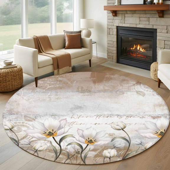 Round Area Rug 6 Ft, Vintages Flowers Washable Non-Slip Circle Carpet for Living Room/Bedroom, Country Farmhouse Retro Botanical Floral Low-Profile Indoor Mats Collection Rugs for Residential