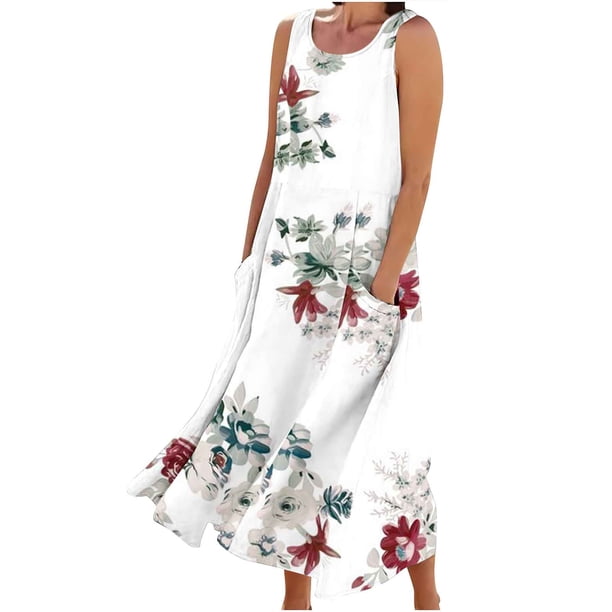 Vestido de Verano para las Mujeres sin Mangas Lino-Look Impreso Maxi, Suelto Fluido Y Vestido Sexy de Moda para las Mujeres