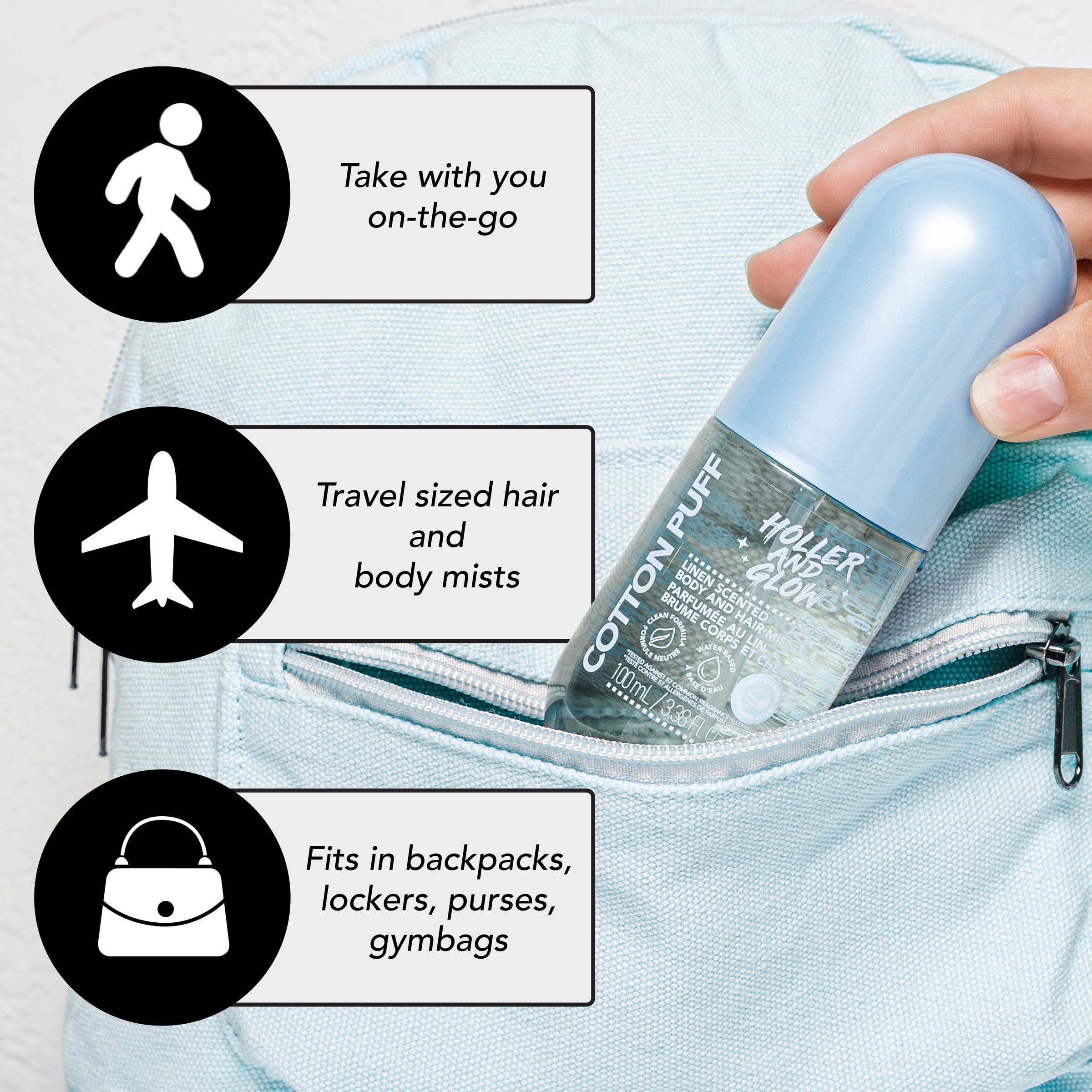 Holler and Glow Mood Boosting Cotton Puff Body & Hair Mist, Linen Scented, Clean Formula, Water Based, Allergen Free, 3.38 fl oz