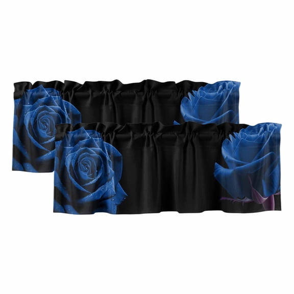 Blue Rose Curtain Valances for Windows, Kitchen Valance Window Treatments Panel 2 Pack, Vintage Abstract Garden Flower Floral Black Rod Pocket Short Curtains for Bathroom Bedroom 54 x 18 Inch