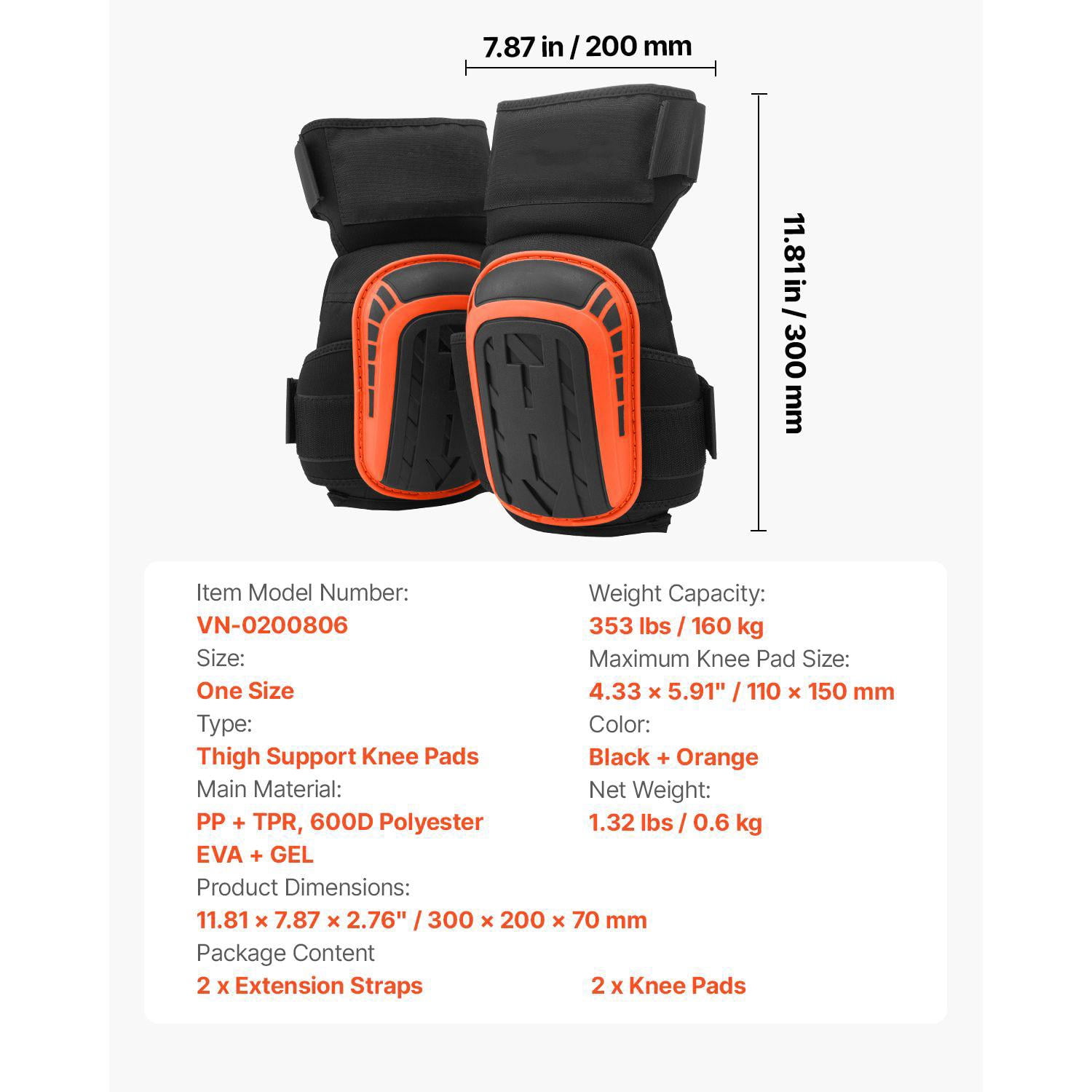 Heavy Duty Knee Pads for Work with Extension Straps Anti Slip Foam Gel for Men Women Gardening Flooring Roofing Cleaning Black Orange