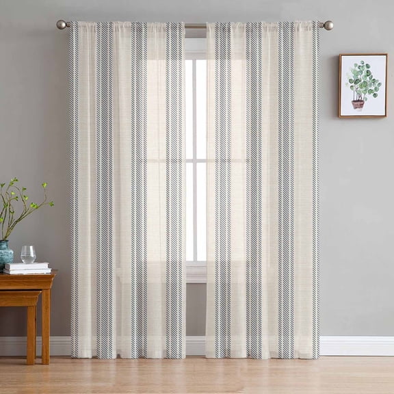 Blue Striped Sheer Curtains 72 Inch Length 2 Panels Set for Living Room/Bedroom, Modern Farmhouse Stripes Rustic Semi Curtain Sheers Drapes Rod Pocket Curtains Window Treatment Set 52''x72''x2