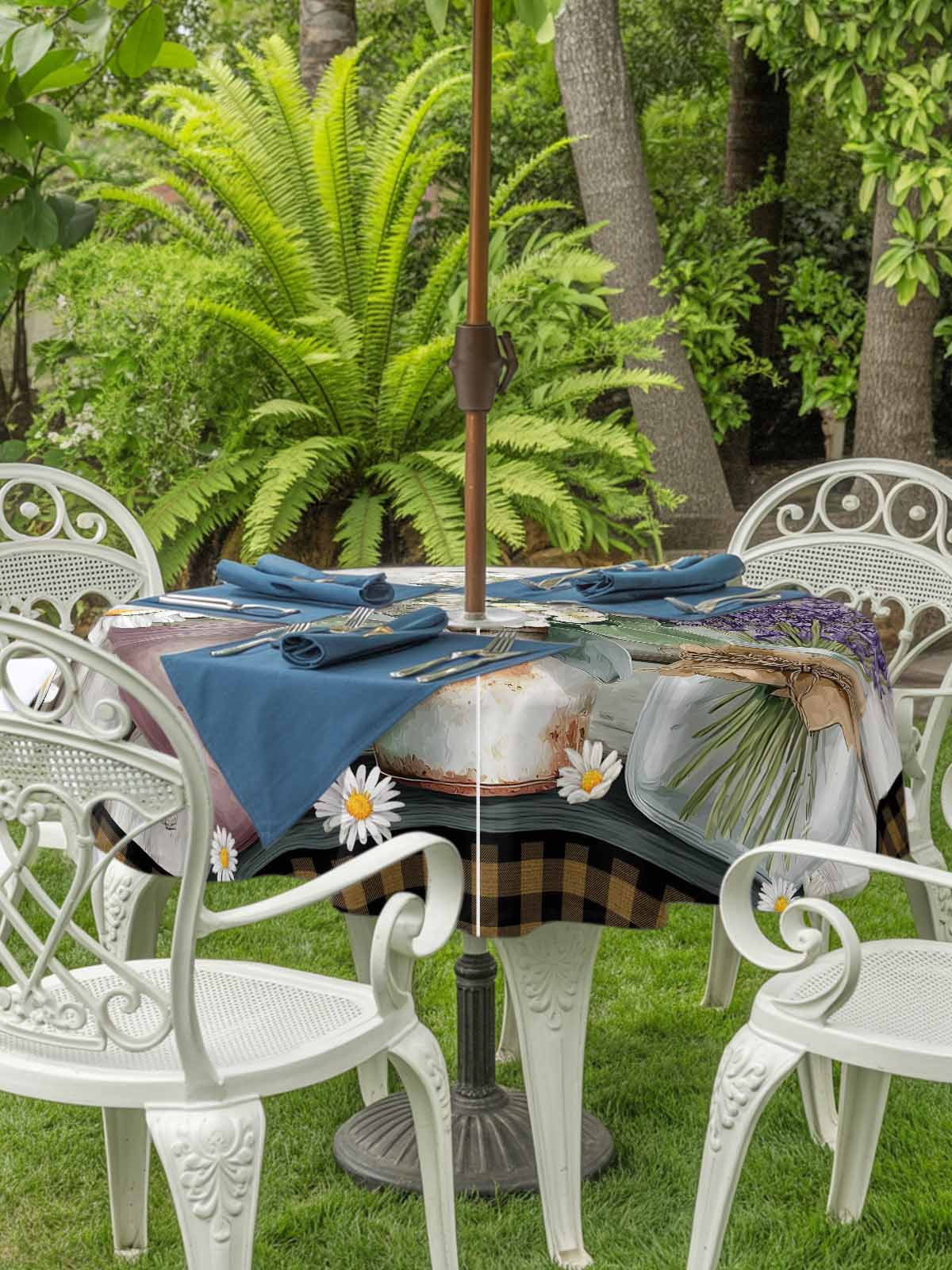 Spring Floral Outdoor Tablecloth - 54 Inch Round Dining Table Cover, Pastoral Bottle Flowers Wood Brown Plaid Waterproof Outdoor Table Cloth with Umbrella Hole & Zipper for Picnic/Patio/Party
