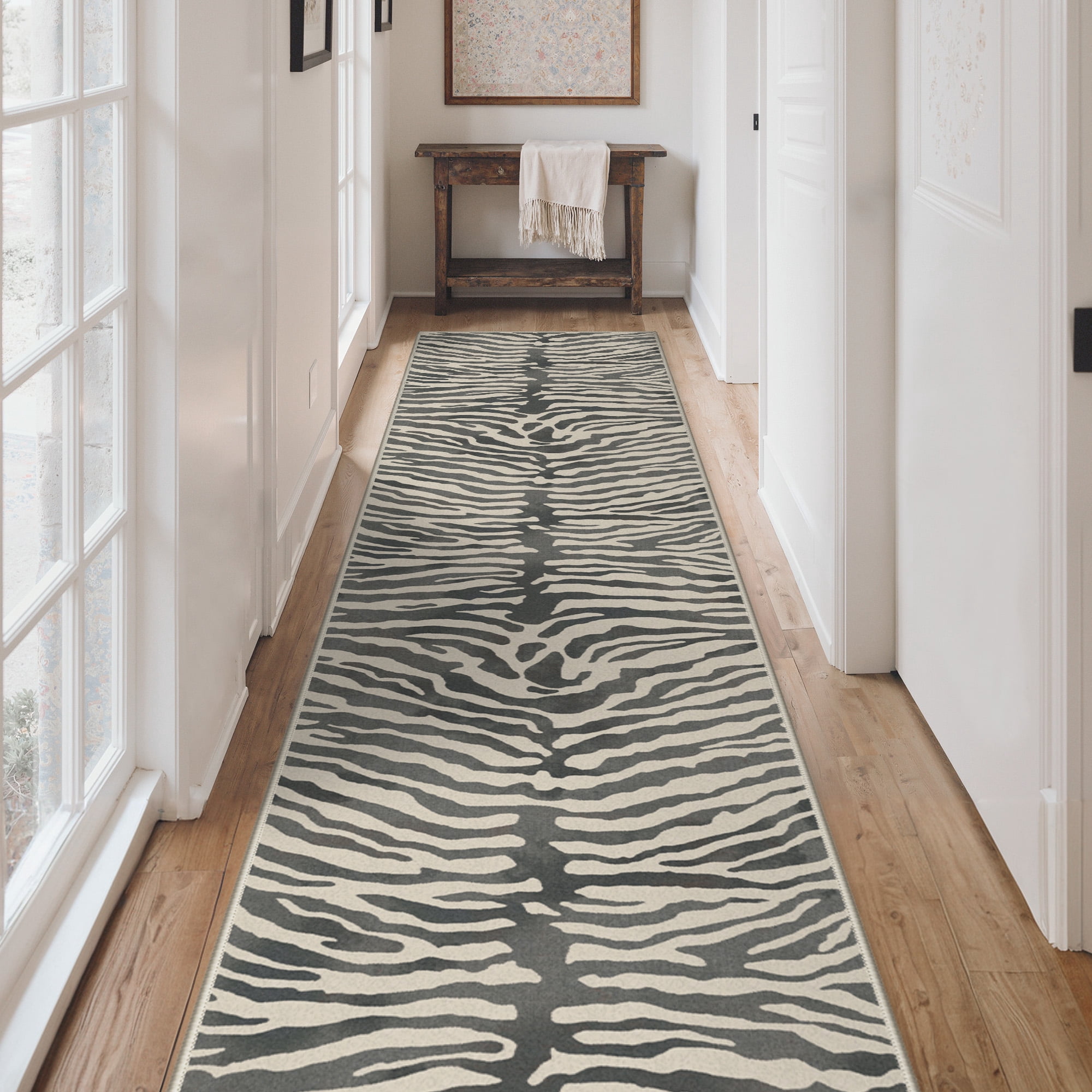 KUETH 2.5x10 Zebra Runner Rug Machine Washable, Kitchen Runner Rug for Floor and Hallway, Non Slip Flat Pile Area Rug with Rubber Backing for Entryway Bathroom Bedroom Laundry