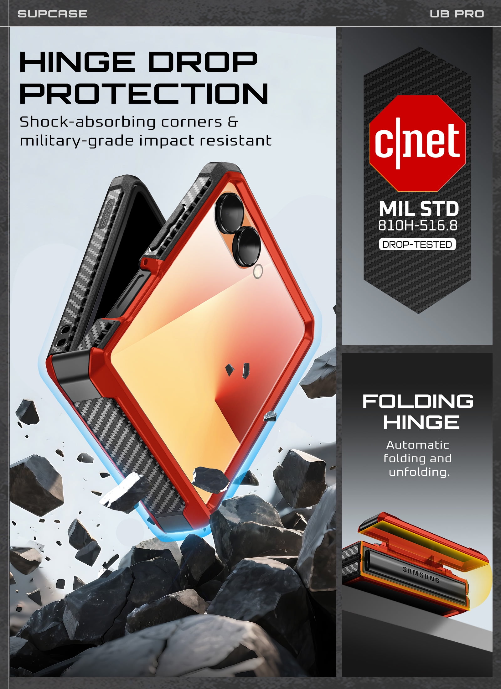 SUPCASE Unicorn Beetle Pro for Samsung Galaxy Z Flip 7 Case with Built-in Stand & Belt-Clip, [Hinge Protection] [Front Tempered Glass Screen Protector] Full Body Military-Grade Phone Cover, Ruddy