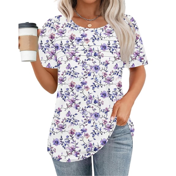 Fengqque 2025 Trendy Women's Round Neck Pleated Chest Short Sleeve Printed Pullover