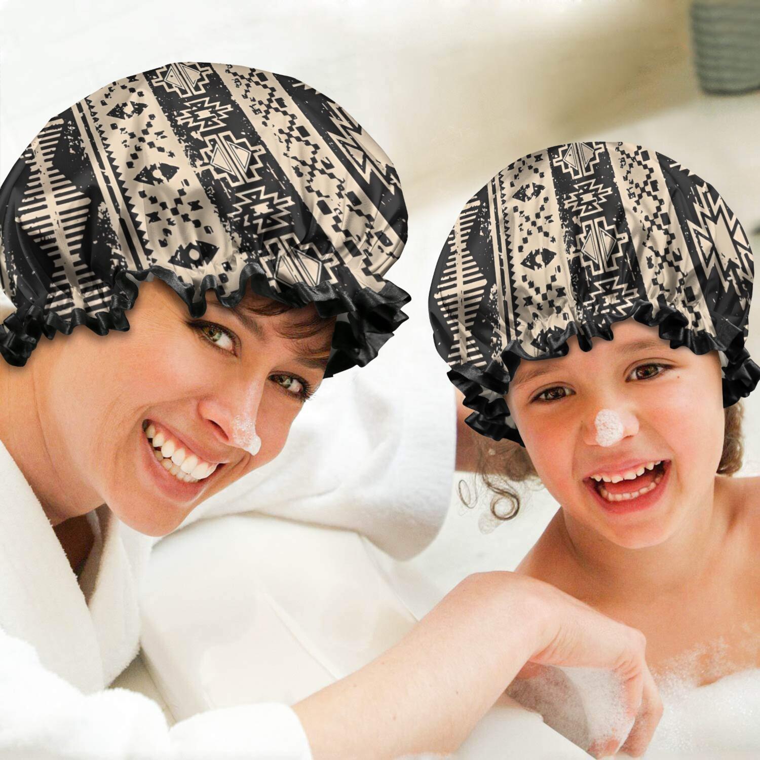 Shower Caps,Black Geometric Triangle Diamond Pattern Waterproof Shower Cap for Women 4 Pieces,Double Reusable Hair Cover for Shower PEVA Elastic Stretch Hem