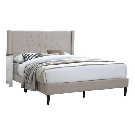 Kopa Queen Size Bed with Tufted Headboard- Brown Burlap Upholstery- Wood