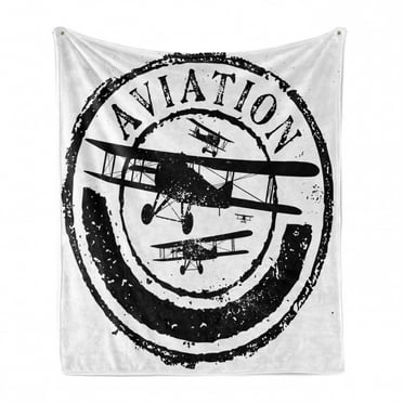 Vintage Airplane Soft Flannel Fleece Throw Blanket, Grunge Style Stamp Design Word Aviation and Plane Silhouettes, Cozy Plush for Indoor and Outdoor Use, 50" x 70", Black and White, by Ambesonne