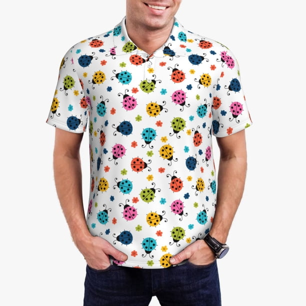 Balery Ladybugs And Flowers Camisa Polo de Hombre con Estampado, de Manga Corta y Tejido Medio, Camisa Tipo Golf Polo-3X-Large