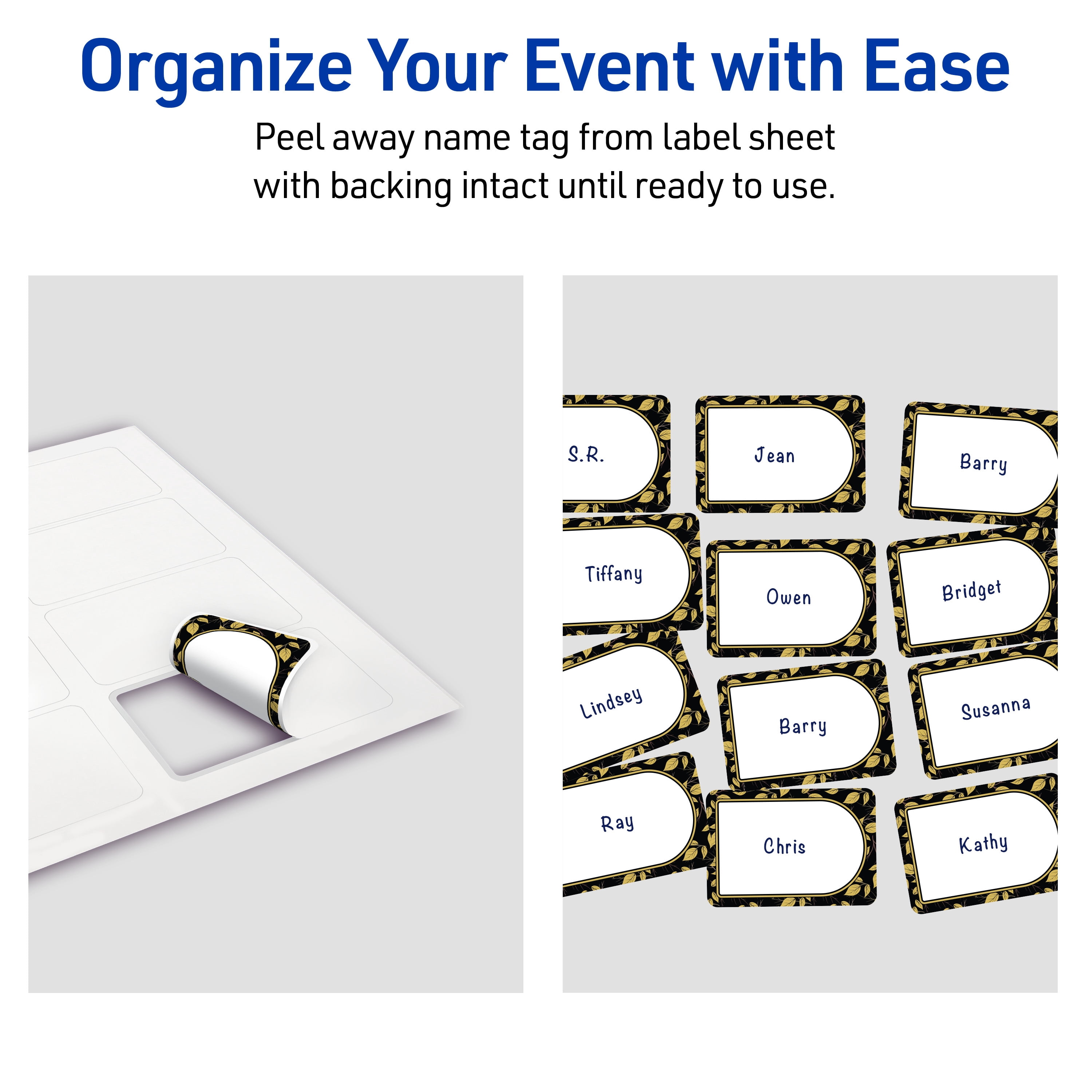 Avery Adhesive Name Tags, Matte White, Arched Black/Golden Leaves