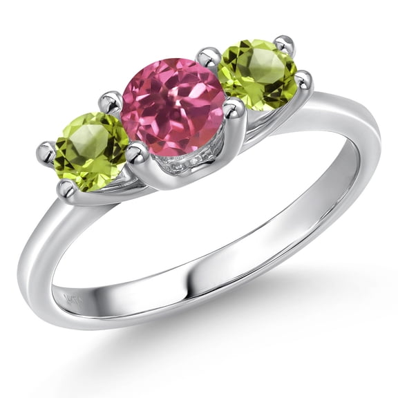 Gem Stone King 14K White Gold Pink Tourmaline & Green Peridot 3-Stone Engagement Ring | 1.12 Cttw | Round 5MM and 4MM | Three Stone Wedding Anniversary Promise Ring for Women (Size 5)
