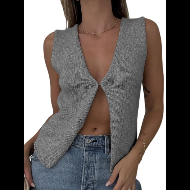 Top Corto de Punto Vintage Y2K para Mujer, Sin Mangas, Cuello en V, Botones Frontales Abiertos, Tejido A Crochet. Gris L