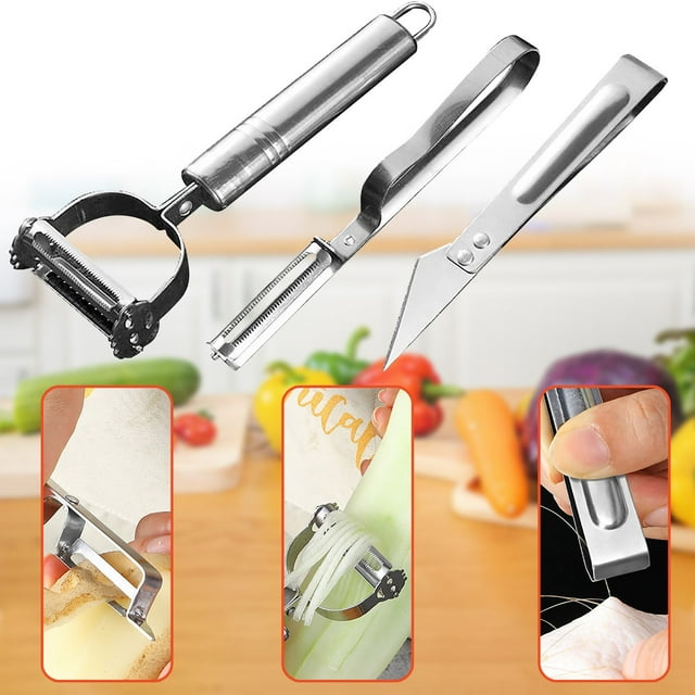 Juego de peladores de verduras multifuncionales de acero inoxidable | Pelador de doble cara y cuchillo para frutas | Utensilio de cocina 5 en 1 | Juliana, Triturar, Cortar | Agarre fácil | Juego de
