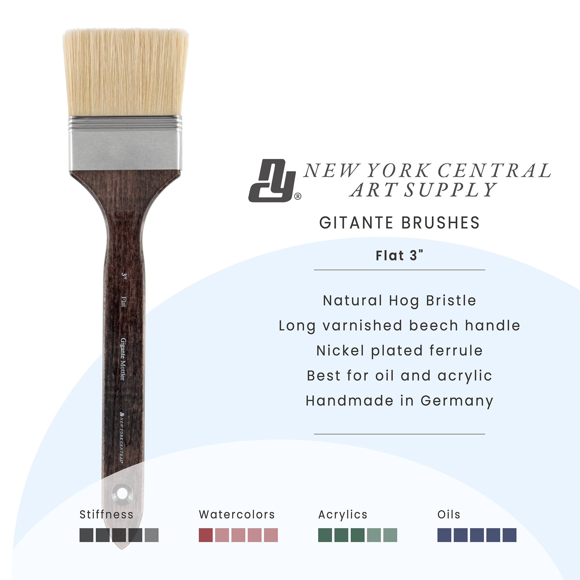 New York Central Gigante Natural Hog Bristle Large Scale Artist Paint Brush, 3" Flat Mottler, Professional German Handmade Oil Painting Brush w/ Long Handle for Oil, Acrylic & Acryla Gouache
