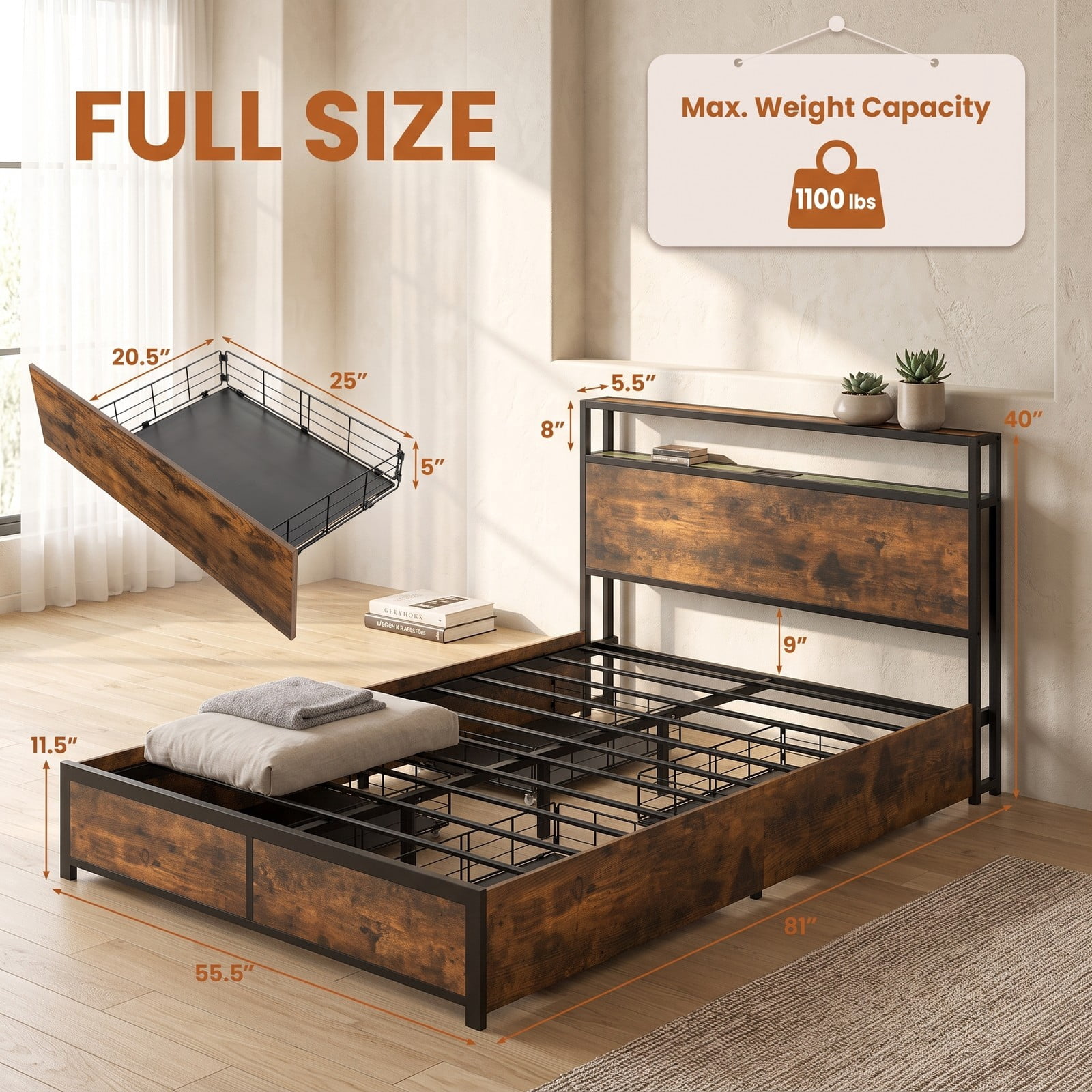 Furnibear Queen Size Bed Frame with Storage, LED Lights and 4 Drawers, Metal Platform Bed Frame with Charging Station and Headboard, Rustic Brown