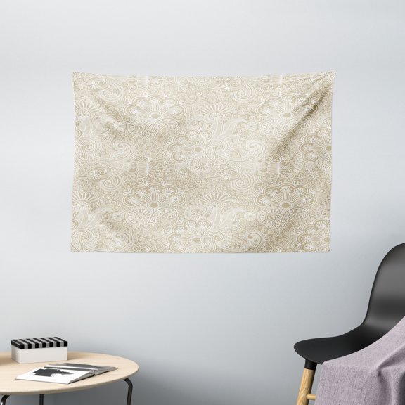Henna Tapestry, Nature Inspired Curly Motifs Abstract Intricate Flourish Pattern Retro Revival Design, Wall Hanging for Bedroom Living Room Dorm Decor, 60W X 40L Inches, Tan White, by Ambesonne