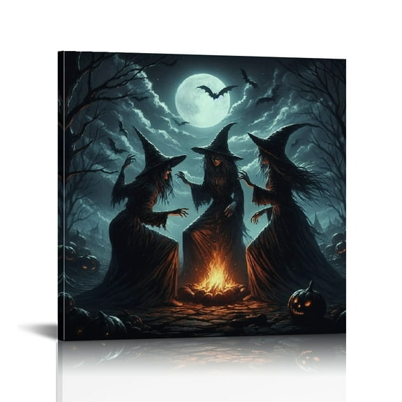 Vintage Halloween Three witches Canvas Wall Art Painting,Gothic Print Pictures for Home Wall Decor Horror Creepy Dark Posters for Living Room Home Halloween Party Decor Framed