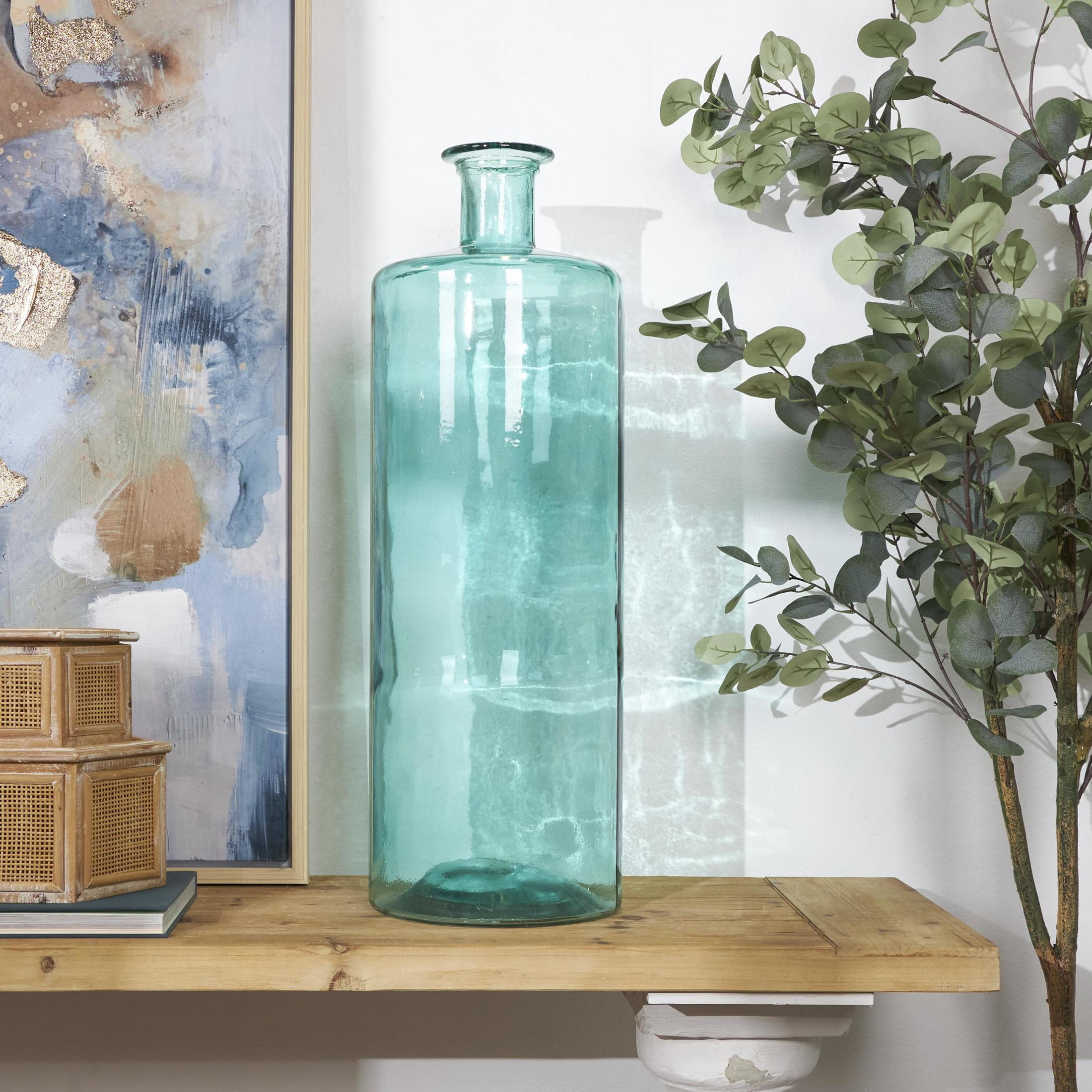 DecMode 30" Handmade Tall Spanish Bottle Neck Teal Recycled Glass Vase