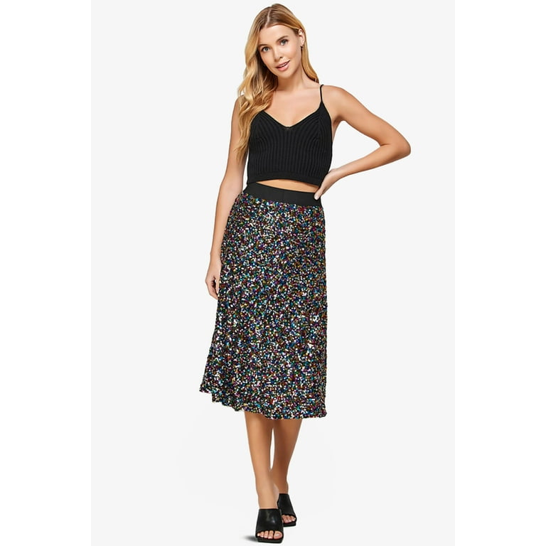 TheMogan Women s Sequin Embellished Midi Skirt Elastic High Waist A Line Below Knee Party Multi Color M Walmart