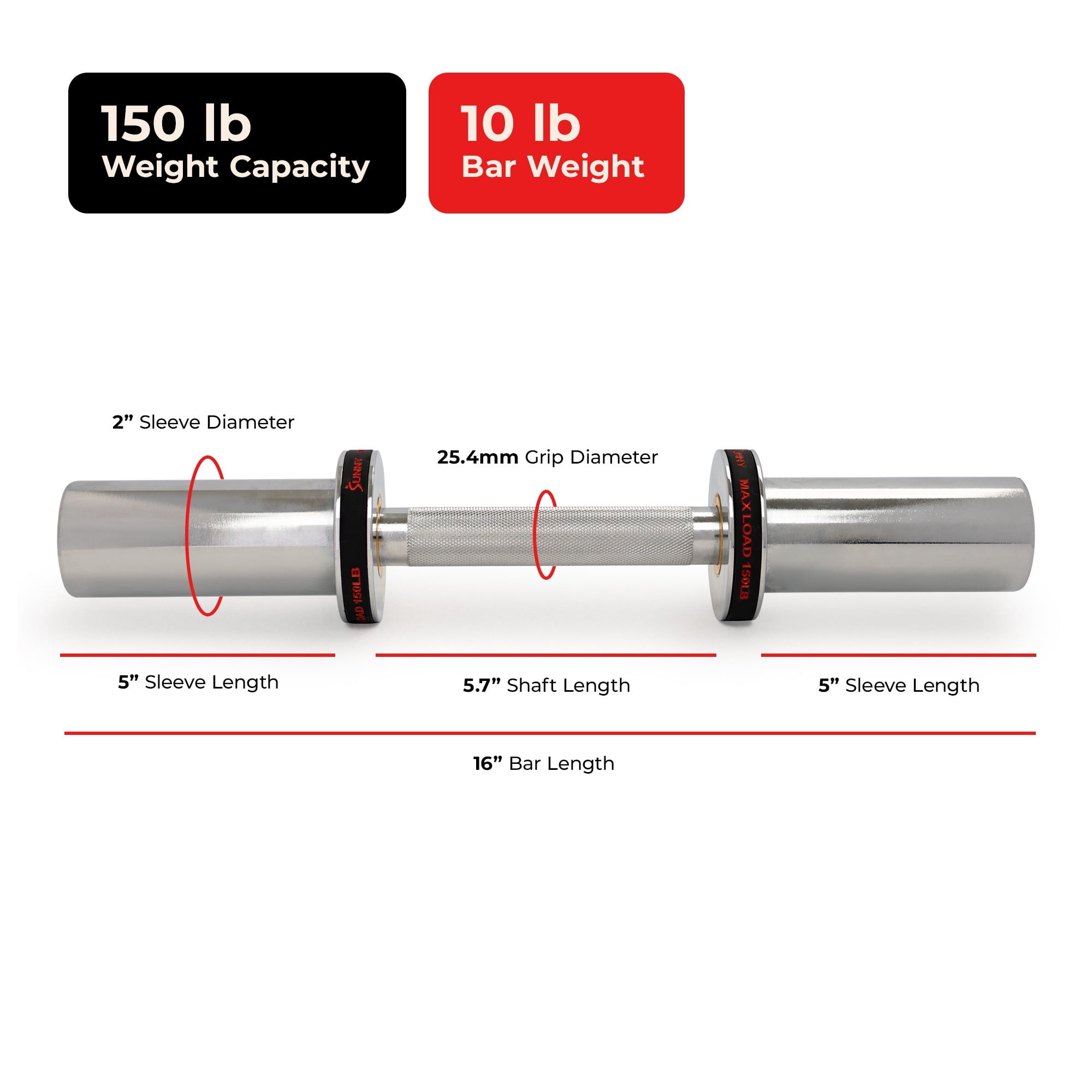 Sunny Health & Fitness 16" Olympic Dumbbell Bar with Spin-Lock Ring Collars