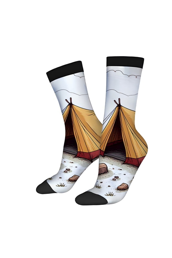 Four Seasons Universal Camping Socks (2 Pairs) - Unisex Trendy Mixed Color Design with Tent Pine Trees Terrain - Perfect for Outdoor Enthusiasts