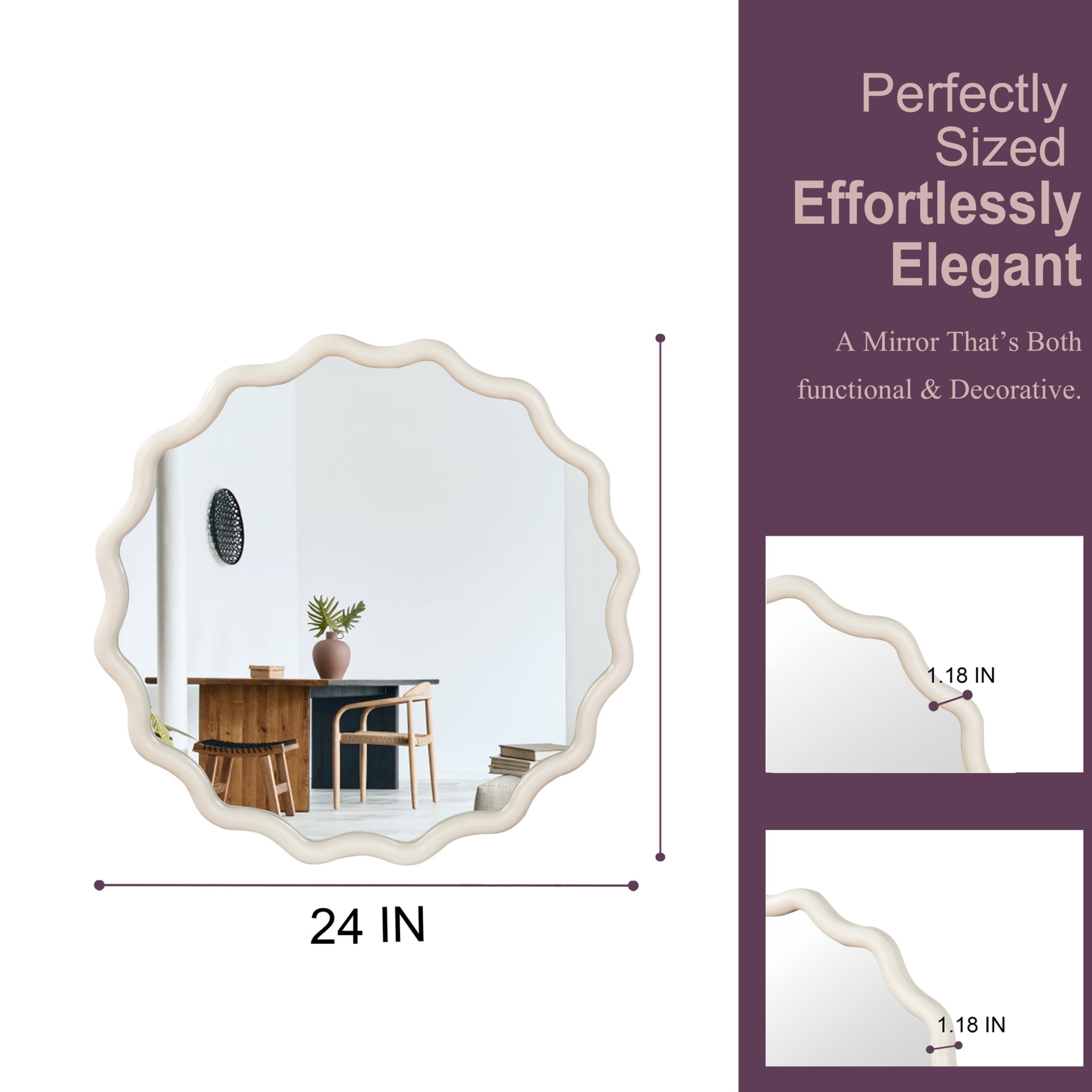 Noble House 24 Inch Wavy Round Wall Mirror, Solid Wood Decorative Vanity Mirror, White