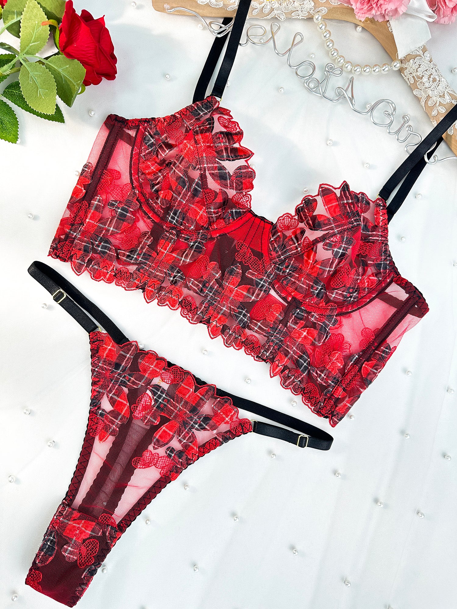 Red Tartan Flower Lingerie Set (RED, M+)