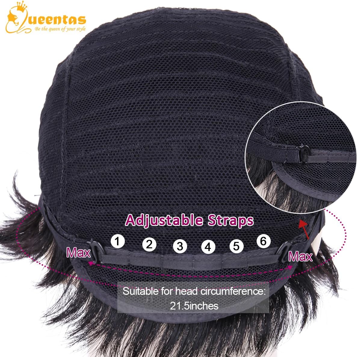 QUEENTAS 9" Human Hair Wig Short Wigs for Women Glueless Wigs Human Hair Black Wigs Pixie Cut Wigs with Bangs