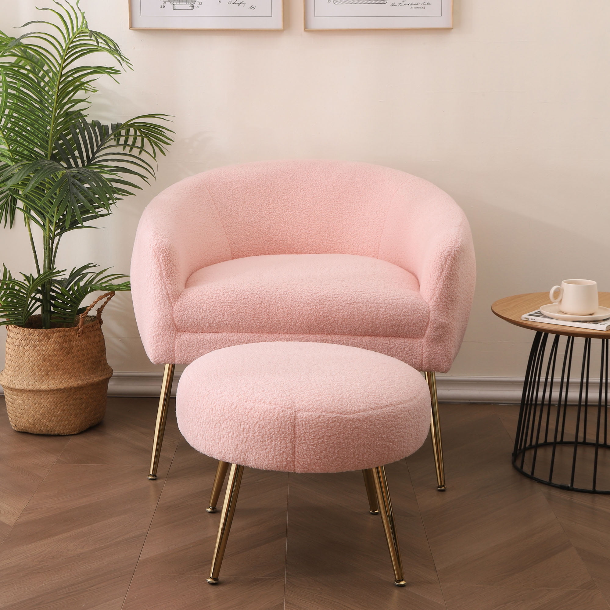Polibi 35.2 in. Pink Velvet Accent Chair with Ottoman Foot Rest and Pillow  for Living Room,Bedroom,Office MB-PVMACORP-P - The Home Depot