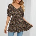 thumbnail image 3 of Camiseta con cuello en V para mujer, mangas abullonadas, camiseta con estampado suave y cómodo para compras diarias, 3 of 6