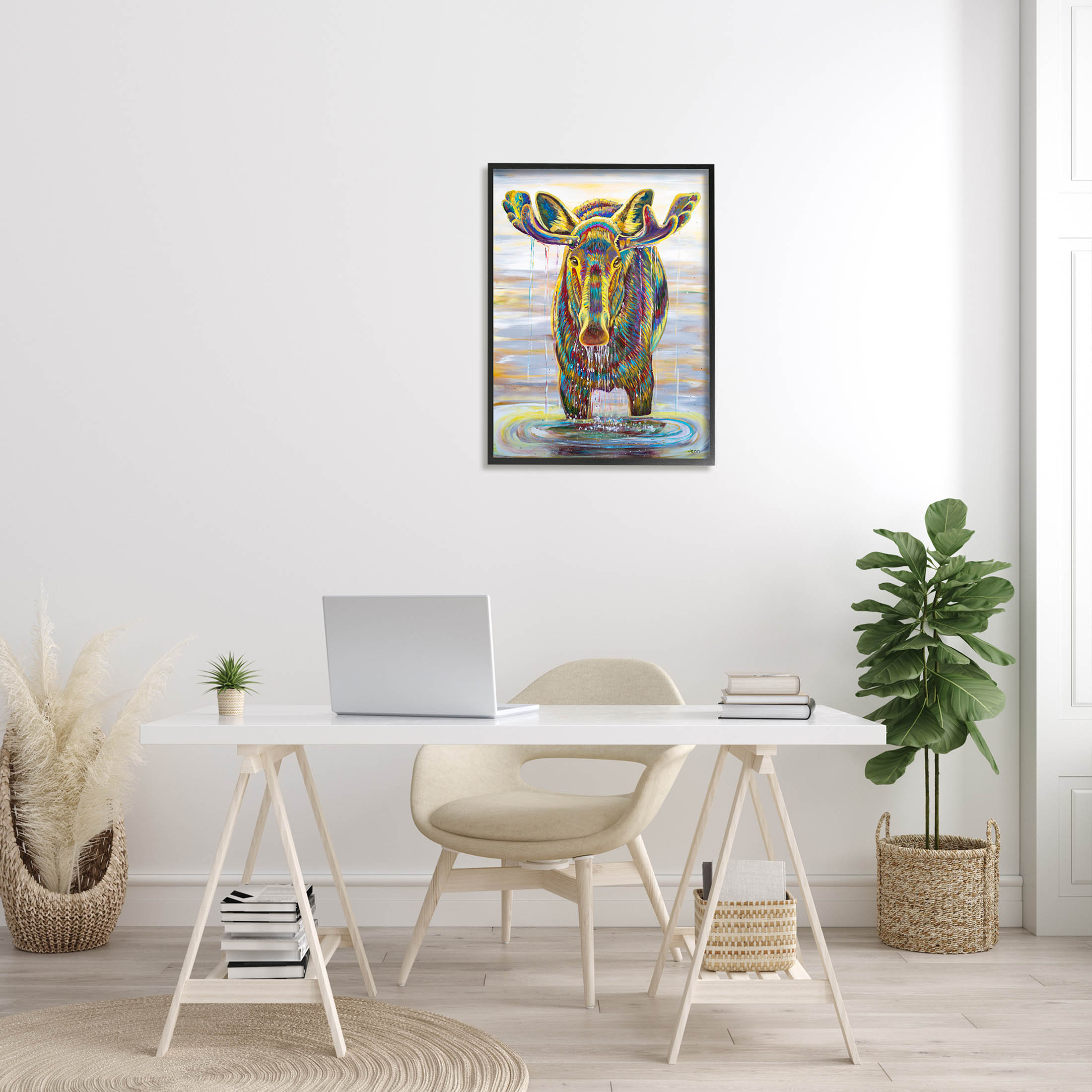 Moose Water Drip Nature Lake Animals & Insects Painting Black Framed Art Print Wall Art