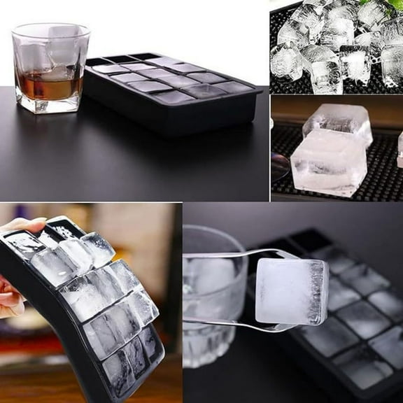 ​Silicone Ice Cube Trays 1-Pack (15 Large Cubes) - Whiskey & Cocktail Molds with Stackable Freezer-Safe Design, Slow-Melting BPA-Free for Bourbon, Wine, Fruit Chilling​​ Black