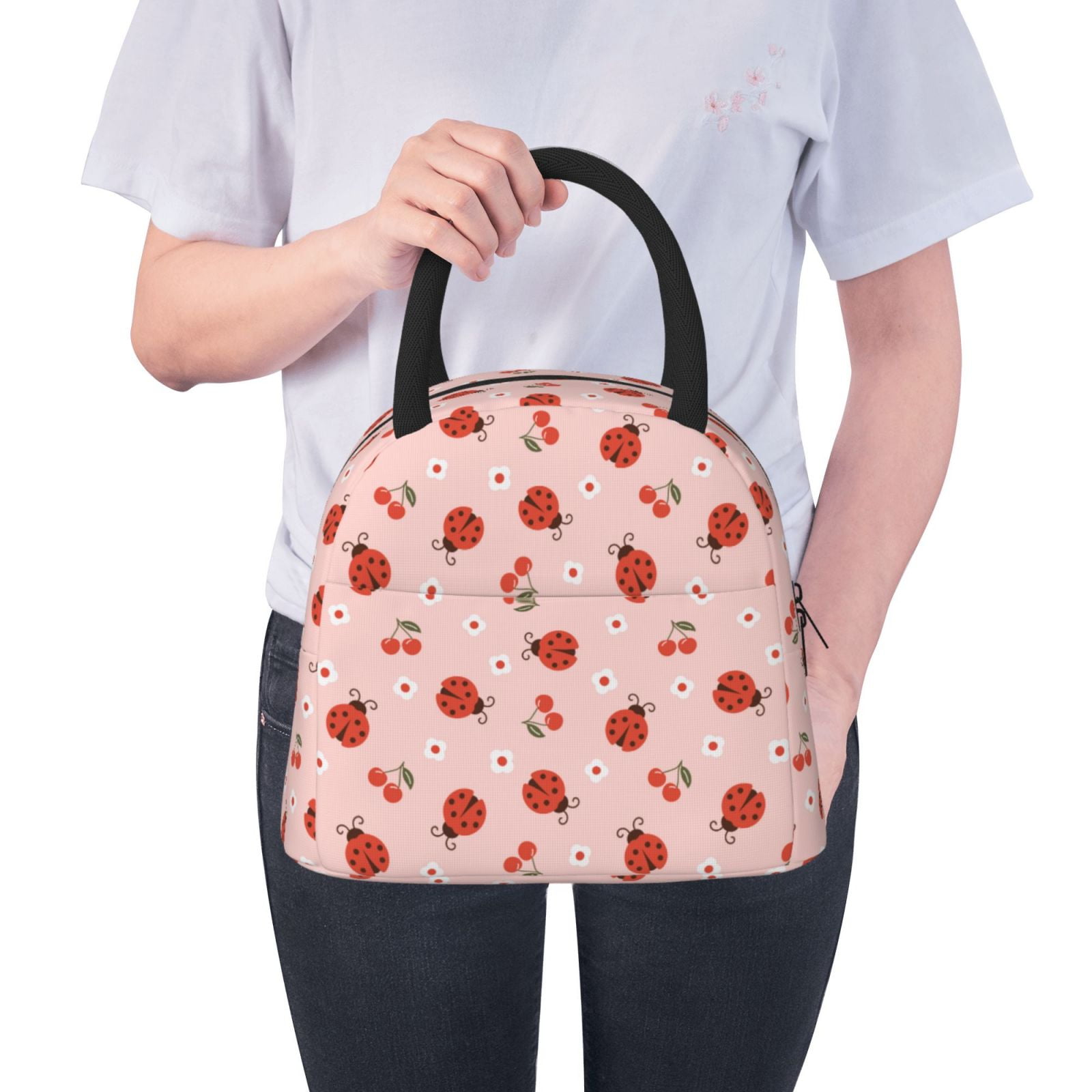 Horeoi Ladybug With Flower Pattern Large Insulated Lunch Bag for Work, School, Picnic - Waterproof, Durable Oxford Cloth, Comfortable Handle-Black