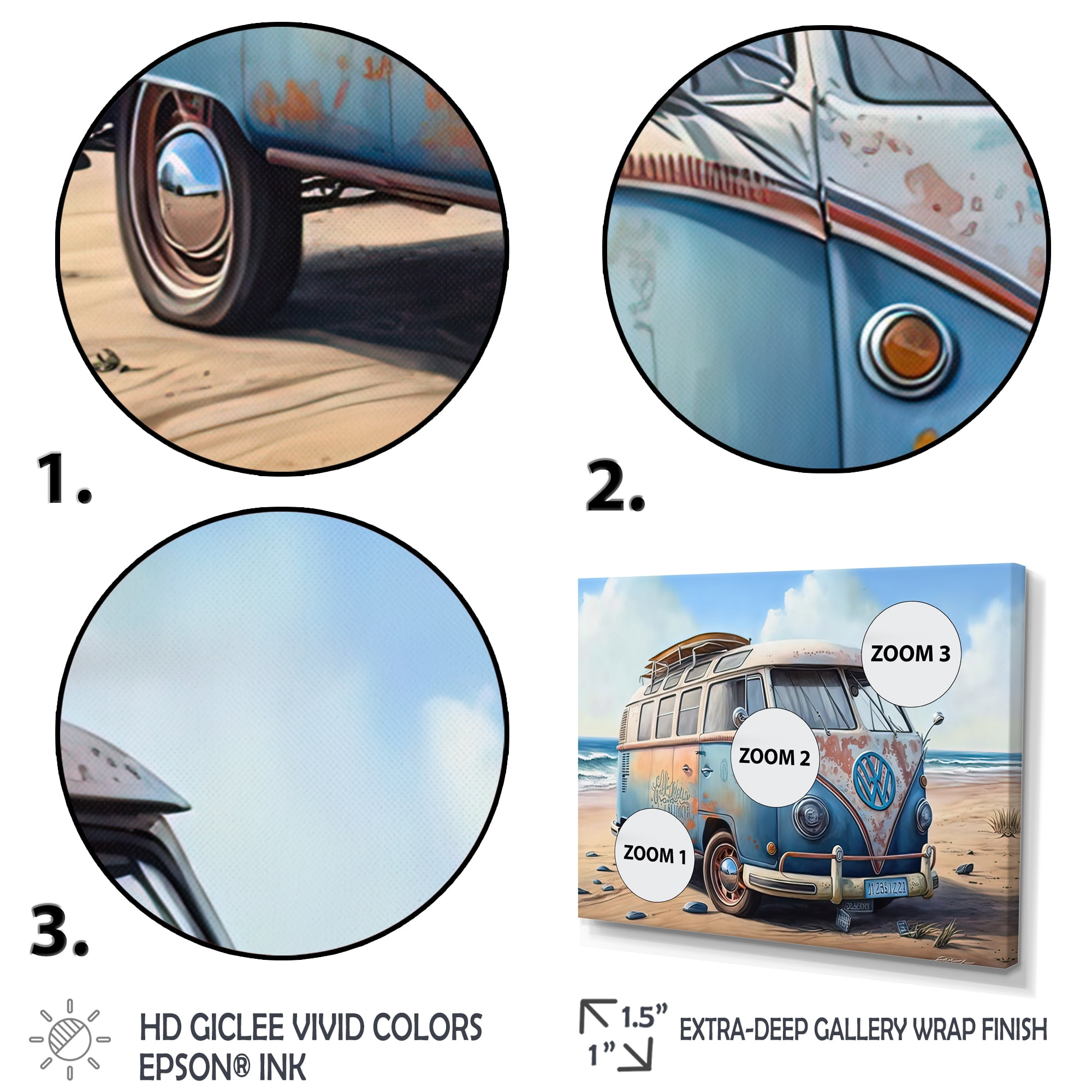 Designart 70S Surfing Van At The Beach III Canvas Wall Art