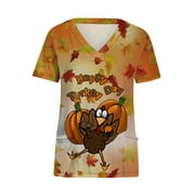 TopLLC Womens Plus Size Thanksgiving Scrubs TopsWomen's Short Sleeve V-Neck Thanksgiving Turkey Workwear Tops With Pockets Blouse Turkey Shirts Scrubs on Clearance