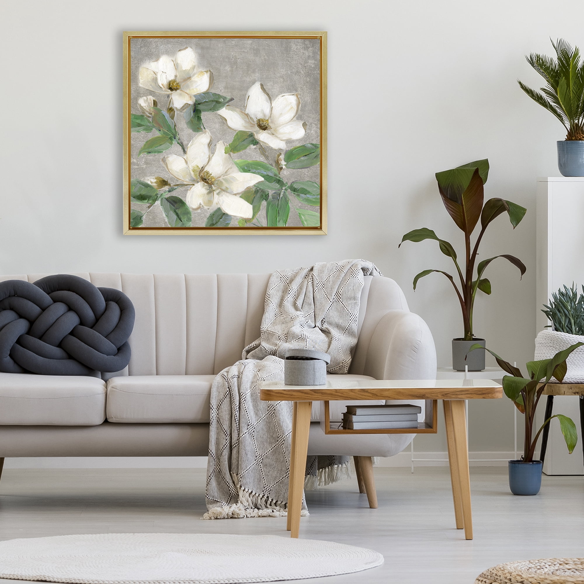 Stupell Industries Ivory Magnolias on Grey Gold Framed Floater Canvas Wall Art, design by Sally Swatland