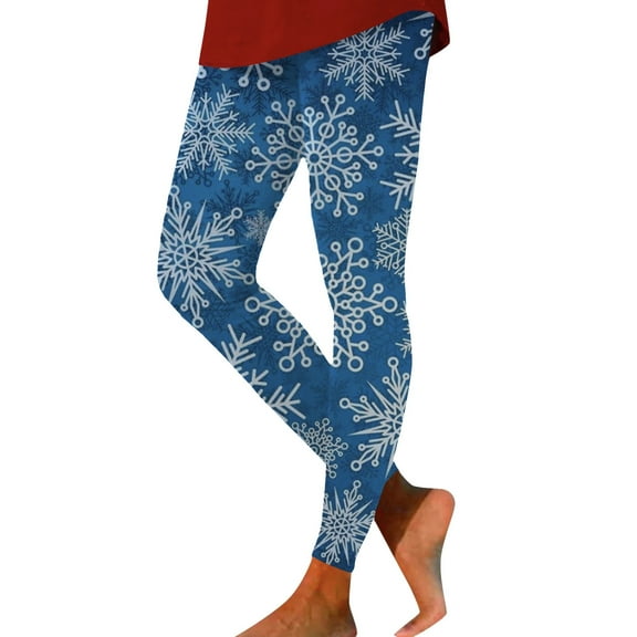 Women Christmas Outfit Festive Snowflake Print Ladies High Waisted Workout Leggings for Yoga Fitness and Exercise Comfort Blue 2XL