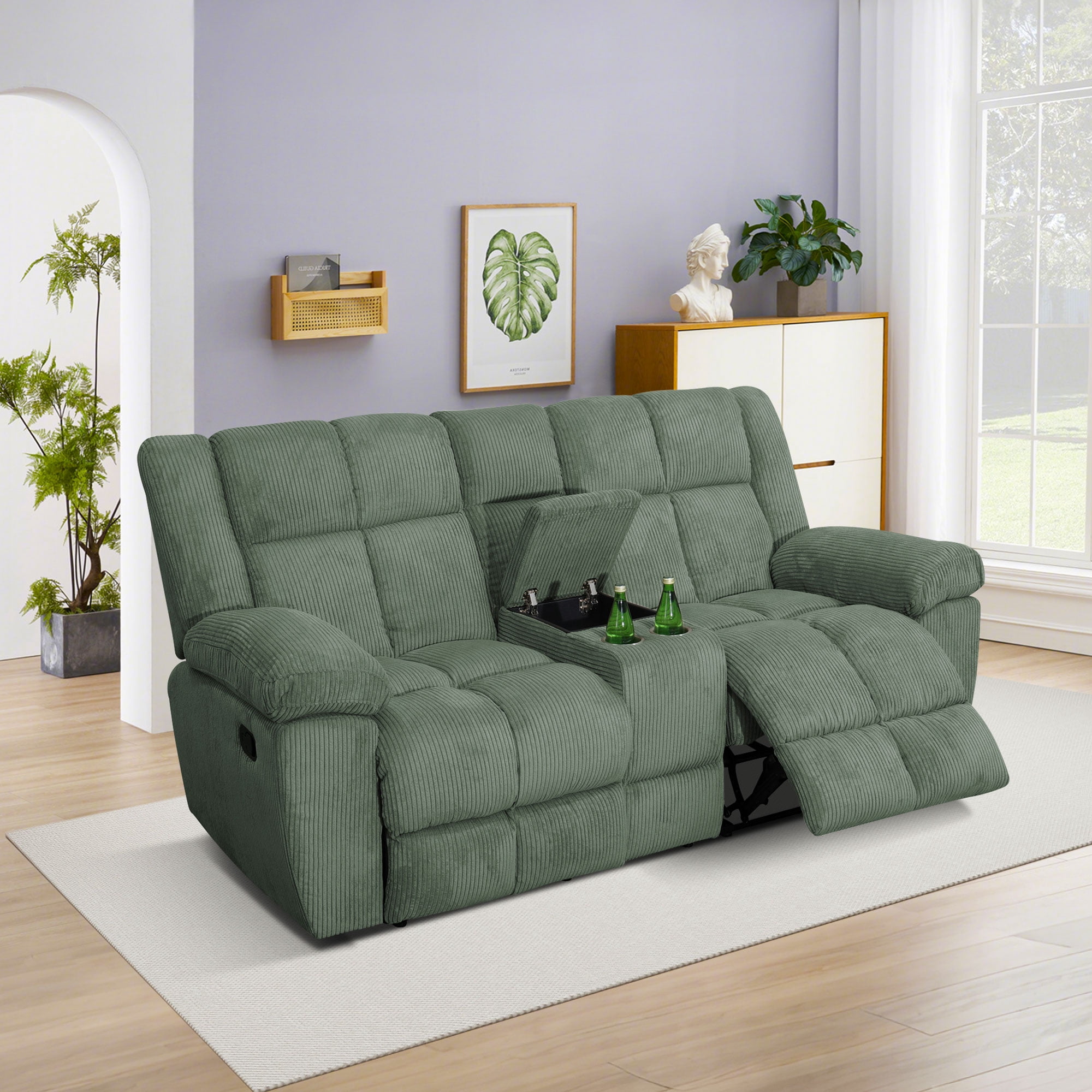 Gewnee Multifunctional Loveseat, Cup Holders, Corduroy Upholstery, Solid Wood Frame, Ideal for Living Room, Green
