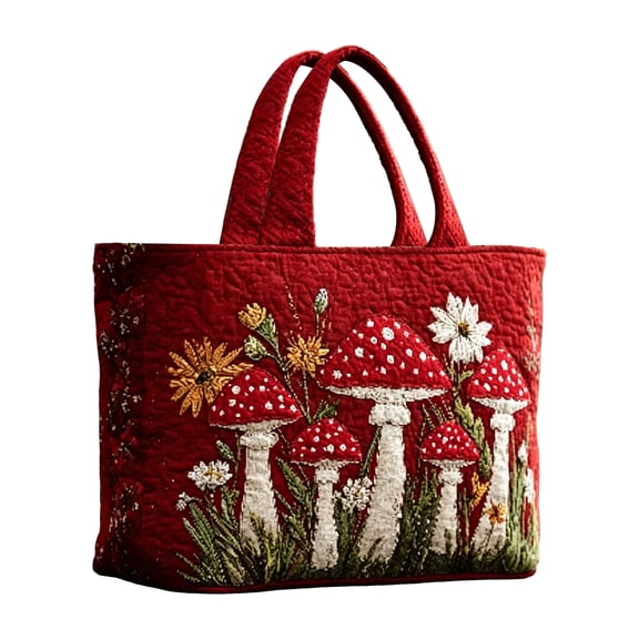 Cute Red Mushroom Floral Quilted Tote Bag, Cottagecore Embossed Nature Print Shoulder Bag, Large Capacity Vintage Handbag for Women Daily Vacation,15.7*13.3 in.