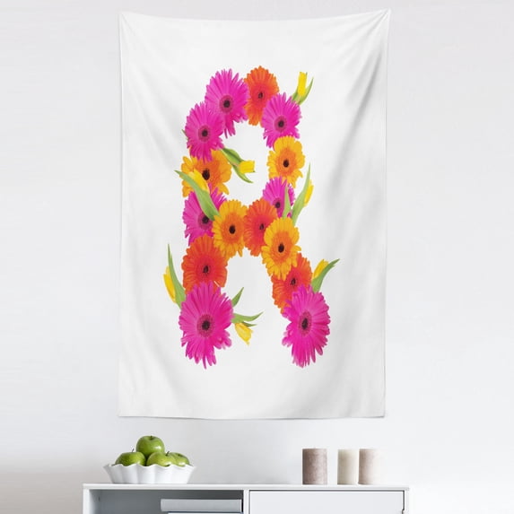 Flower Alphabet Tapestry, Spring Garden Floral Designs as Letter R on Plain Backdrop, Fabric Wall Hanging Decor for Bedroom Living Room Dorm, 5 Sizes, Marigold Hot Pink and Green, by Ambesonne