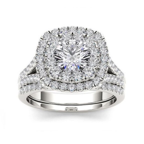 1.00ctw Cushion Halo Diamond Engagement Wedding Ring Set 14K White Gold (i2/i3, I/j)