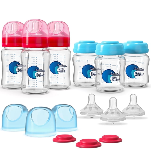Set de Biberones de Vidrio Anticólicos Blue Gannet Azul 4oz y 6oz - Paquete de 6