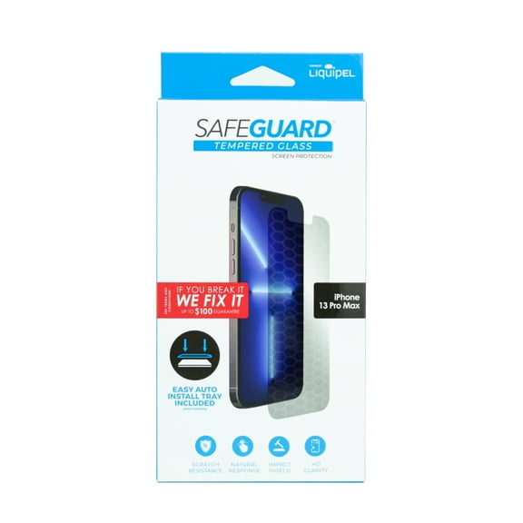 Liquipel Safeguard Tempered Glass Screen Protector for iPhone 14 Pro Max, and iPhone 13 Pro Max. Comes with Application Tray and Screen Repair Guarantee Clear