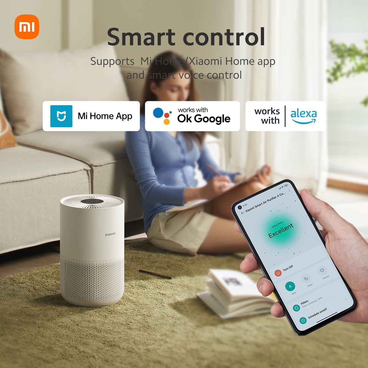 Xiaomi Smart Air Purifier for Home Bedroom up to 1060 Sq.ft with 3-in-1 HEPA Filter, Allergen Removal, Smart WiFi App,20dB Ultra Quiet Sleep Mode Air Cleaner for Pets Hair,Dust, Smoke