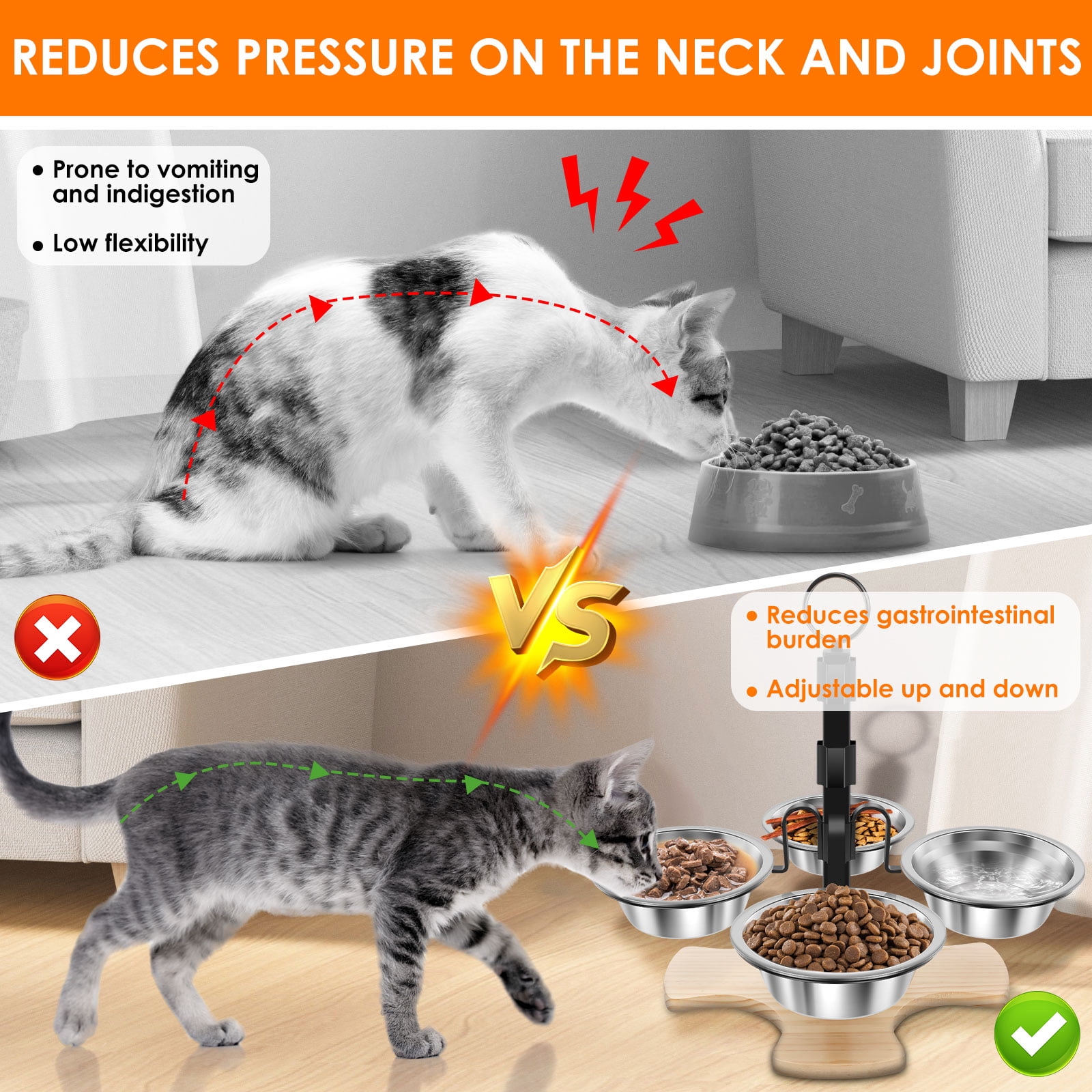 Elevated Cat Bowls with Stand 3 Height Adjustable Pet Feeding Station​ with 4 Stainless Steel Bowls Stable for Small Medium Pets