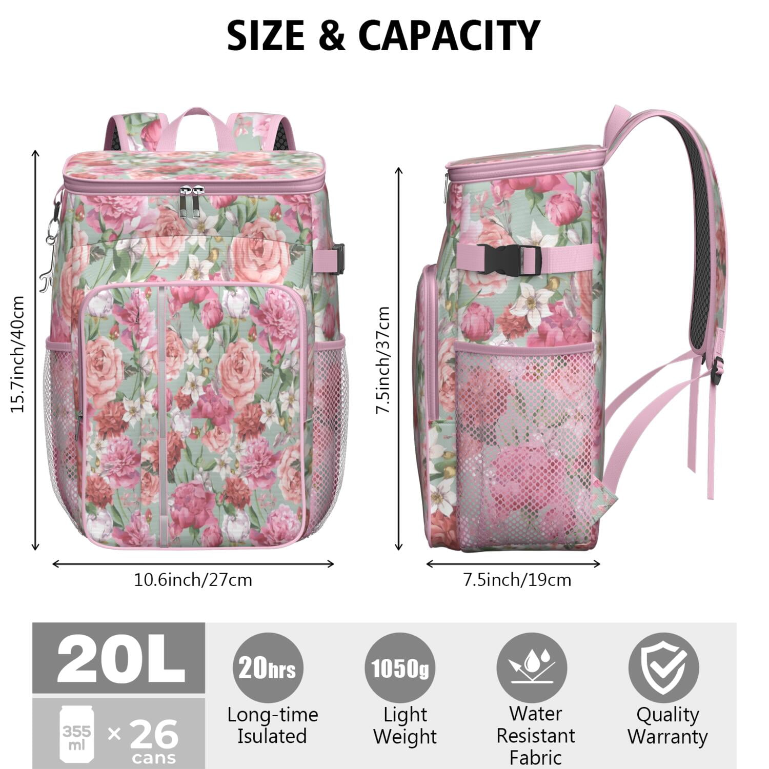 Travel Cooler Bag - Pioneer Flower Floral Print Pattern Camping Beer Cooler Backpack with Bottle Opener- Waterproof Insulated Picnic Backpacks - Cooler Bag for Beach
